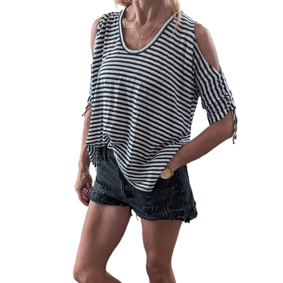 ALLSAINTS Harper LINEN COTTON Striped Cold Shoulder T-Shirt Ink Blue Size XS - Picture 1 of 14